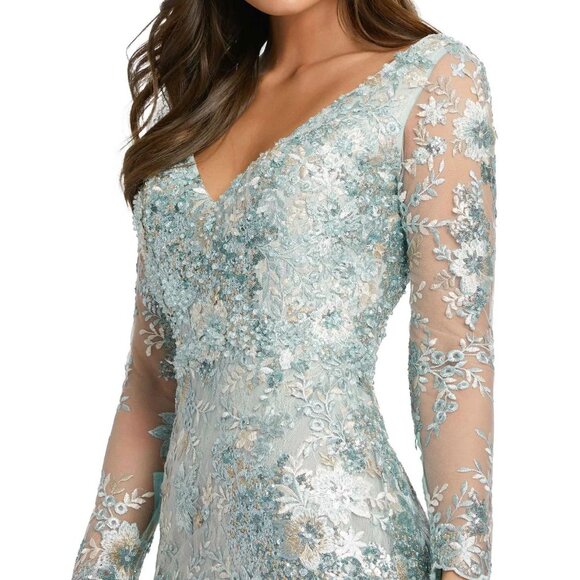 Mac Duggal Long Sleeve Floral Lace Dress in Light Blue and White - Picture 2 of 11
